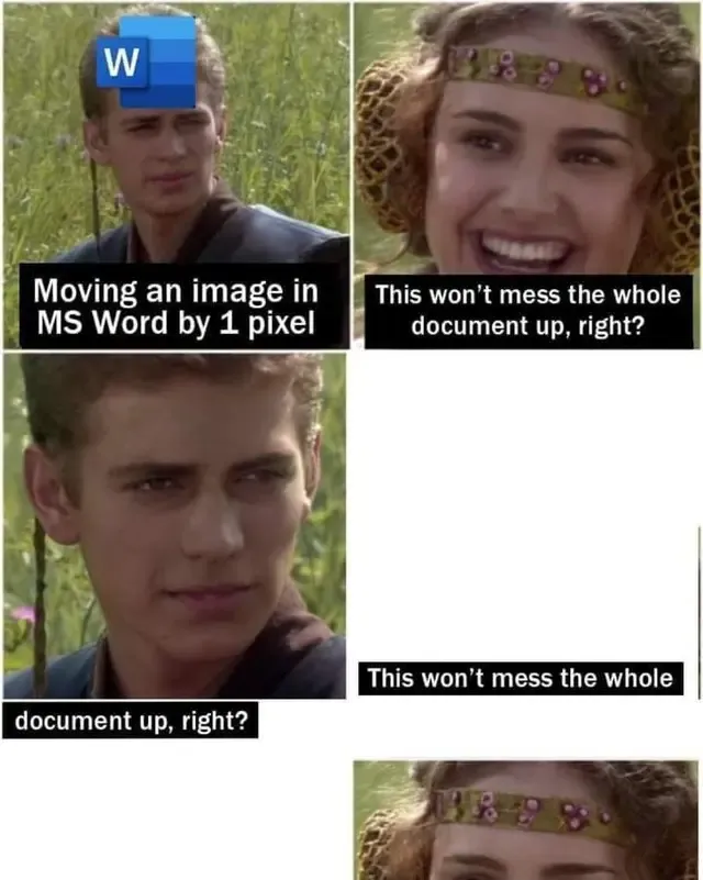 A meme that shows how moving an image in Microsoft Word changes the entire document alignment.