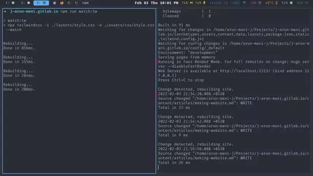 An image showing my third workspace with Foot windows open.